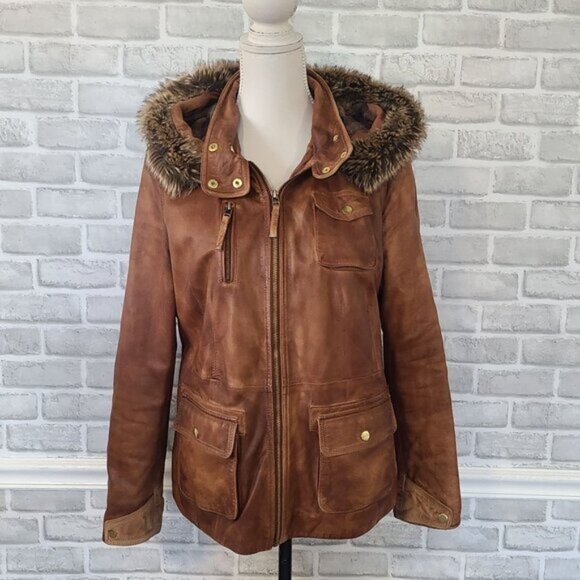 Black Rivet Brown Leather Hooded Jacket Coat Faux Fur Flannel Lined Rugged XL - Picture 2 of 9